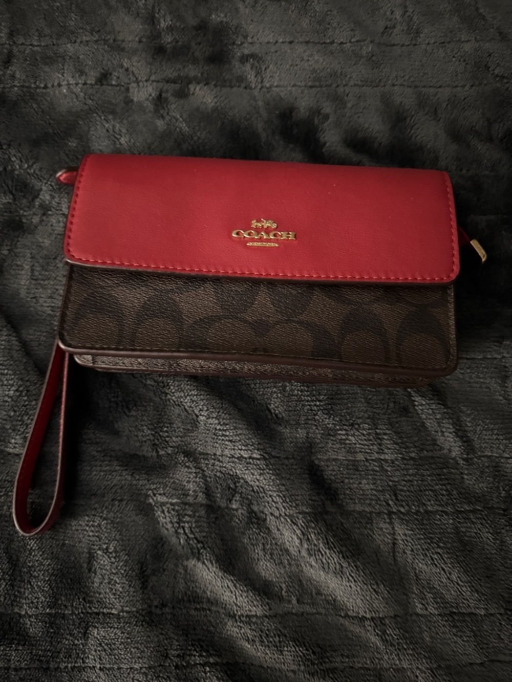 Coach Red Leather and Brown Signature Wristlet Clutch